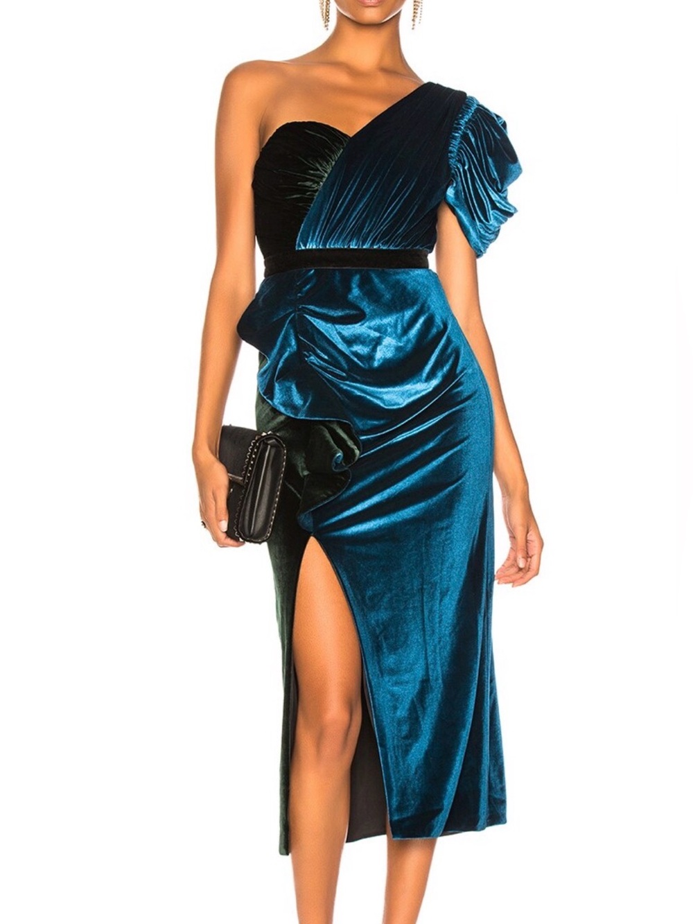 Self-Portrait Teal Velvet One-Shoulder Midi Dress with Ruching